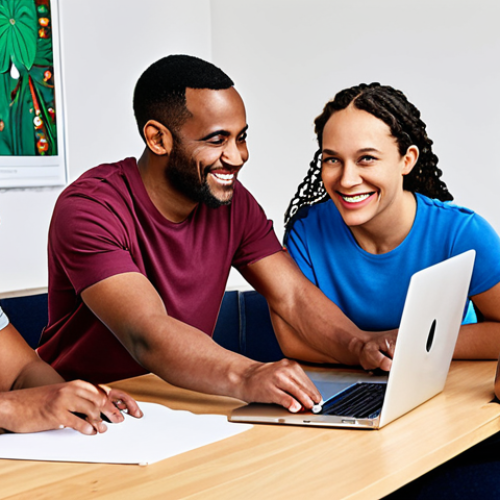 ** A diverse group of people collaborating on a community project, smiling and engaged. Emphasize inclusivity and teamwork, with laptops and brainstorming materials visible. (Keywords: community, collaboration, diverse, teamwork, digital, meeting)

**