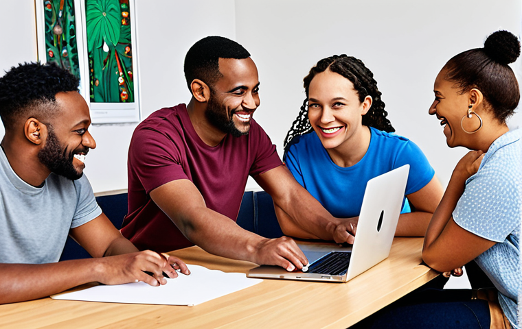 ** A diverse group of people collaborating on a community project, smiling and engaged. Emphasize inclusivity and teamwork, with laptops and brainstorming materials visible. (Keywords: community, collaboration, diverse, teamwork, digital, meeting)
**