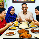**

A diverse group of Malaysian online community members happily interacting on a forum. Some are sharing food photos (nasi lemak, roti canai), others are discussing local events (Hari Raya celebration), and a moderator is smiling while subtly guiding the conversation to stay positive. The scene emphasizes respect and inclusivity within the community.

**