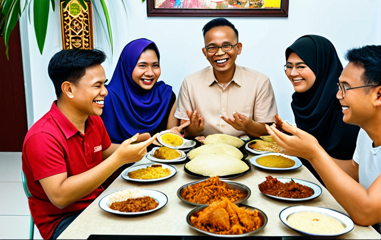 **
A diverse group of Malaysian online community members happily interacting on a forum. Some are sharing food photos (nasi lemak, roti canai), others are discussing local events (Hari Raya celebration), and a moderator is smiling while subtly guiding the conversation to stay positive. The scene emphasizes respect and inclusivity within the community.
**